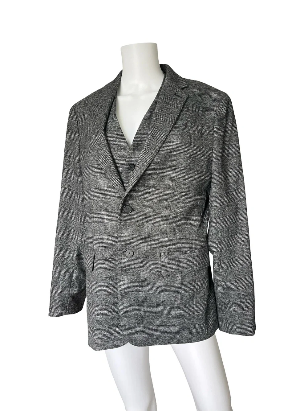 Banana Republic Factory Three Piece Suit Gray Plaid Neutral Academia Mens